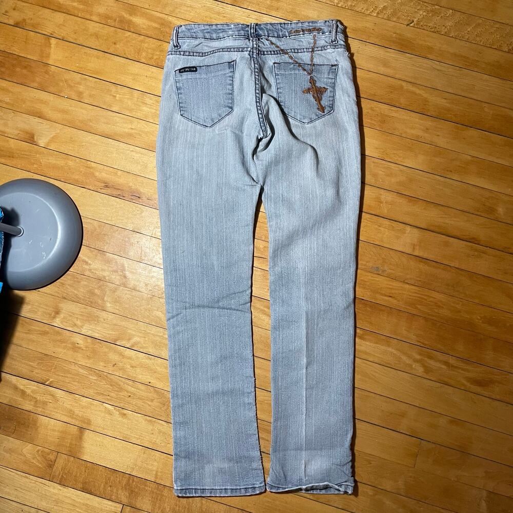 90s Not Of This World Jesus Denim Womens Pants Rosery Embroidery size 28